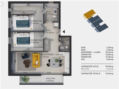 Apartament de 3 camere, 70mp, semifinisat, zona Baciu